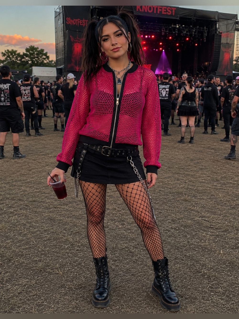 A.N.A Pink & Black Fishnet Mesh Y2K Festival Bomber Jacket NWOT Size MP